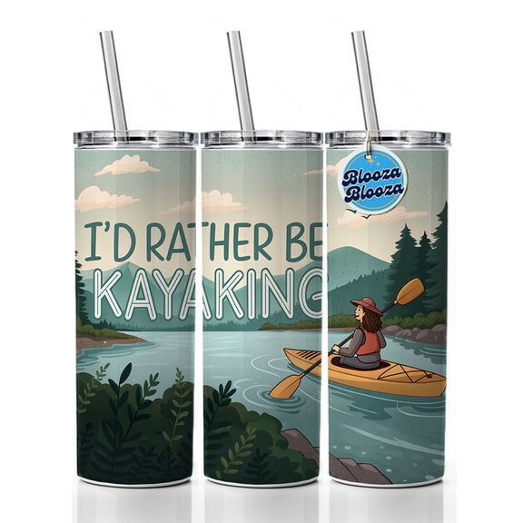 I'd Rather Be Kayaking Woman Kayaker 20oz Insulated Water Bottle Skinny Tumbler Includes Straw