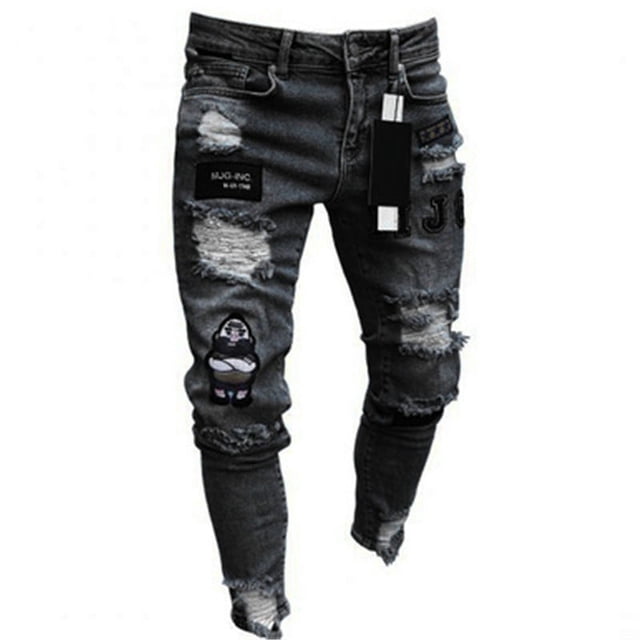 Pantalones elásticos rotos para hombre, vaqueros con estampado de bordado de motociclista, desgastados, con agujeros y corte ajustado, vaqueros rayados
