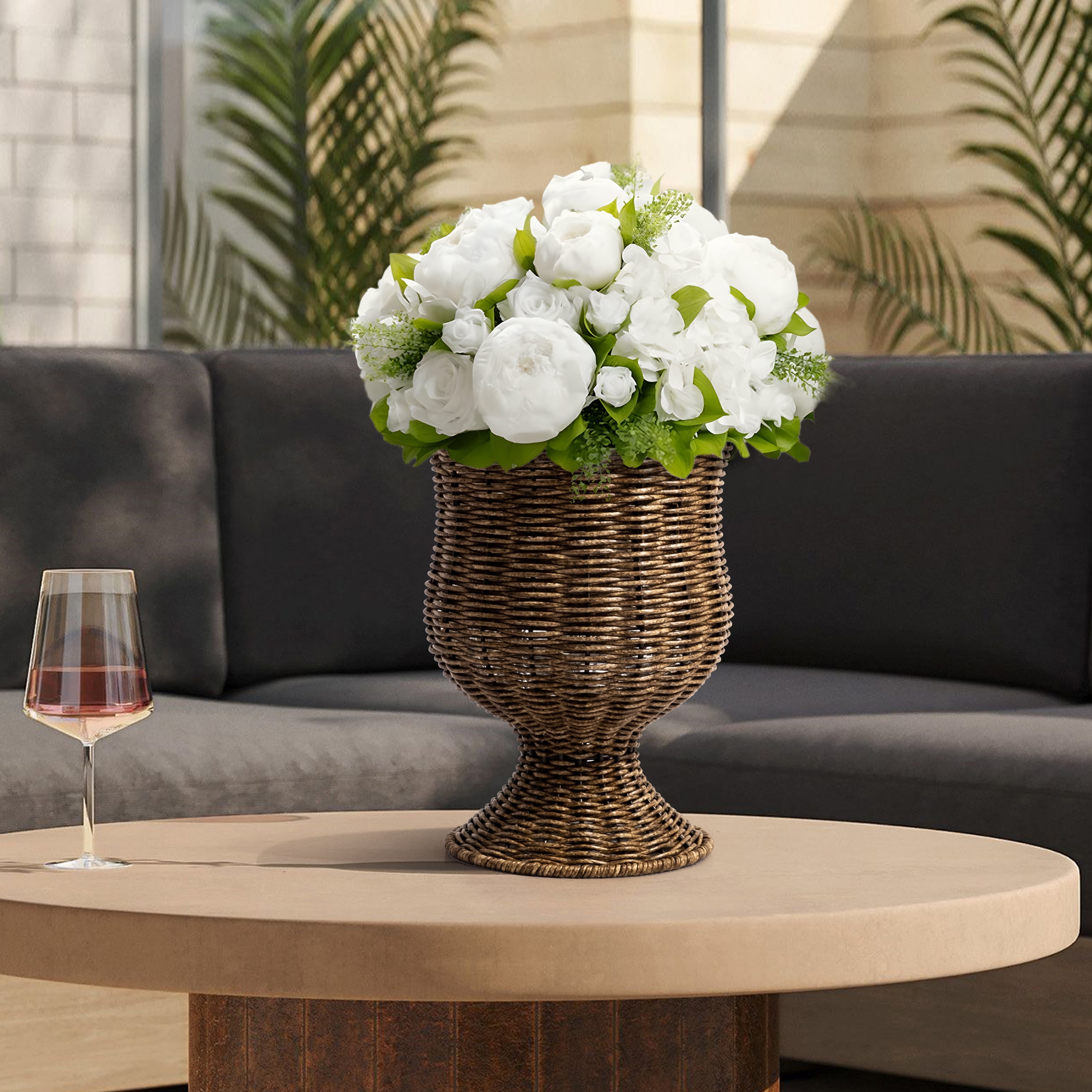 My Texas House 8 inch Goblet Woven Planter Urn Shape, Brown