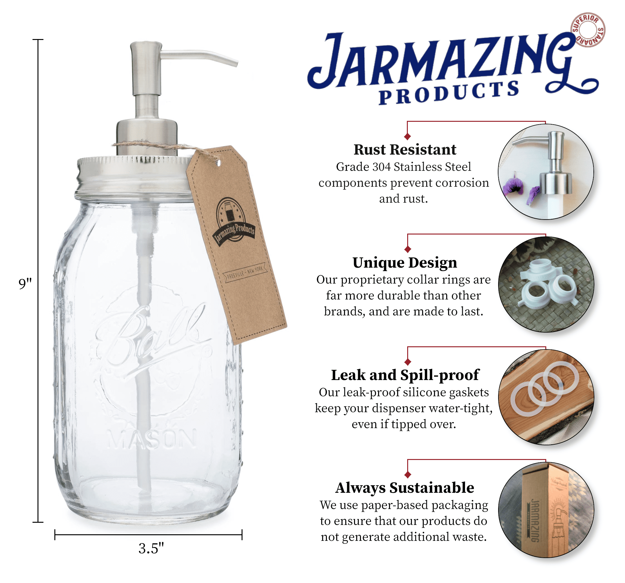 Quart Size Mason Jar Soap and Lotion Dispenser - by Jarmazing Products - Made from Rust-Proof Stainless Steel