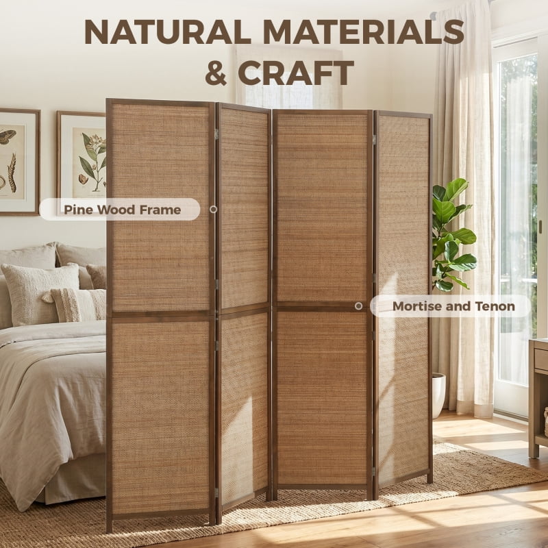 Alvantor 4-Panel Folding Privacy Screen, Freestanding Bamboo Room Divider with Open-Weave Design 63"x70.9" Brown