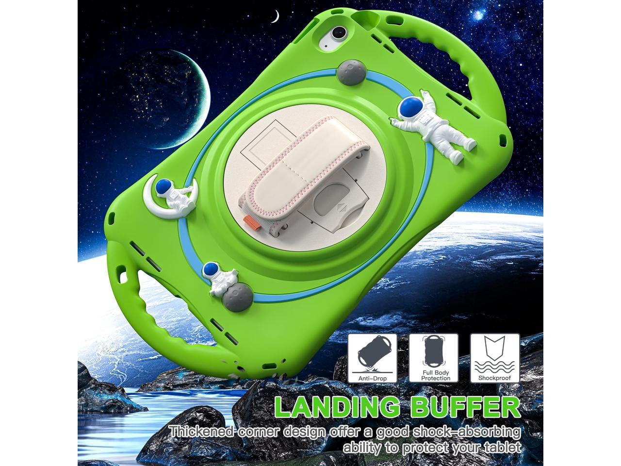 Cute Case for Apple iPad 10th Generation 10.9 inch 2022, Shockproof Silicone Astronaut Cover with Stand Shoulder Strap, Handle Grip, Pencil Holder Green