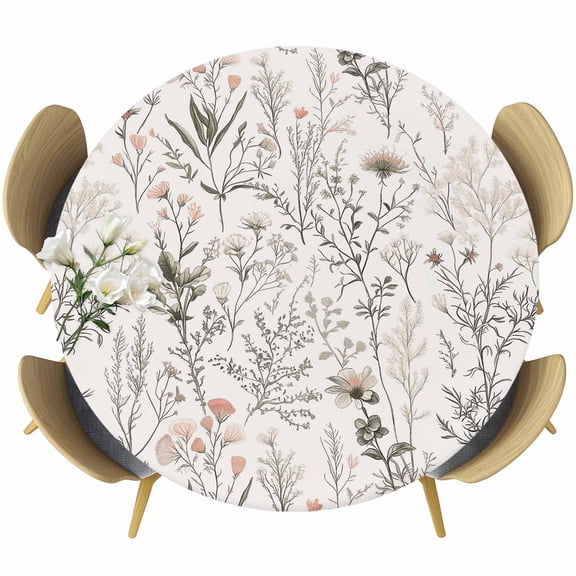 Spring Floral Table Cloth, Round Fitted Tablecloths with Elastic Edge, Vintage Botanical Watercolor Elegant Wipeable Waterproof Table Cover for Kitchen Wedding 36-44 Inches