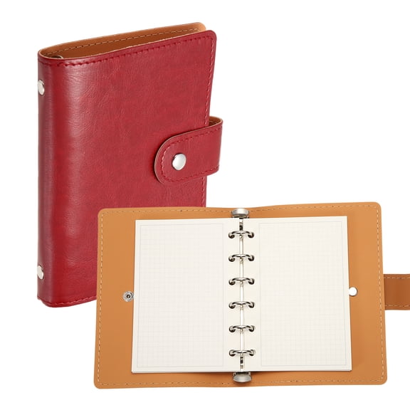 Uxcell 6 Ring Leather Binder Cover, A7 Pocket Travel Notebook Binder with Divider, Red, Mini Refillable Loose Leaf Personal Planner with 60 Sheets Grid Paper for Meeting & Notes