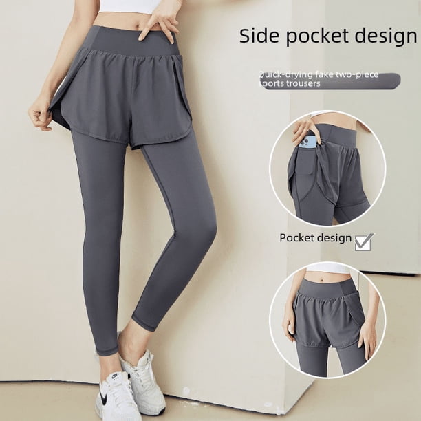 Pantalones de yoga de dos piezas ajustados deportivos falsos para mujer, de cintura alta, elásticos, para levantar las caderas, para fitness, de secado rápido, para correr y con bolsillo