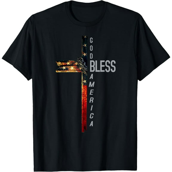 Christian Cross With Flag USA God Bless America 4th of July Women Men T-Shirt,Black
