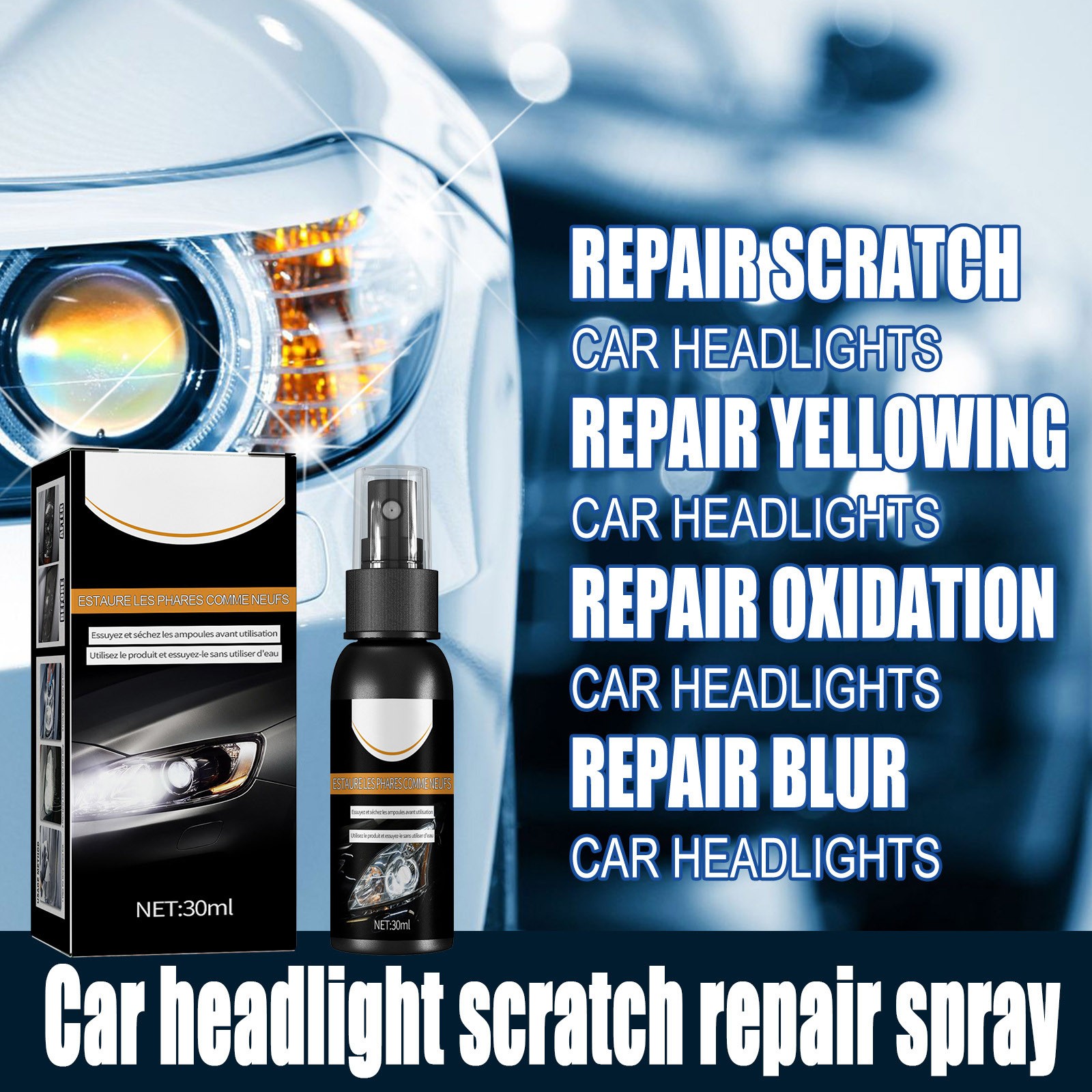 30ml Car Headlight Restoration Spray Scratch Remover Refresher For LED ...