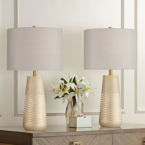 360 Lighting Mira 25 1/4" High Modern Table Lamps Set of 2 Textured Gold Finish Oatmeal Shade Living Room Bedroom Bedside