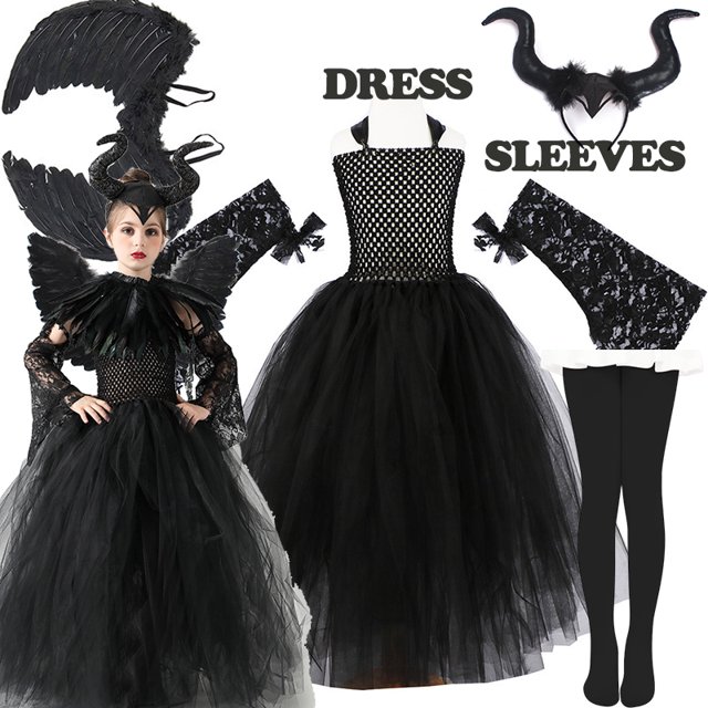 Vestido de maléfica negro oscuro, vestido de reina malvada para niñas, vestidos de cosplay para niños, disfraz de carnaval, Halloween, bata de tul para niños
