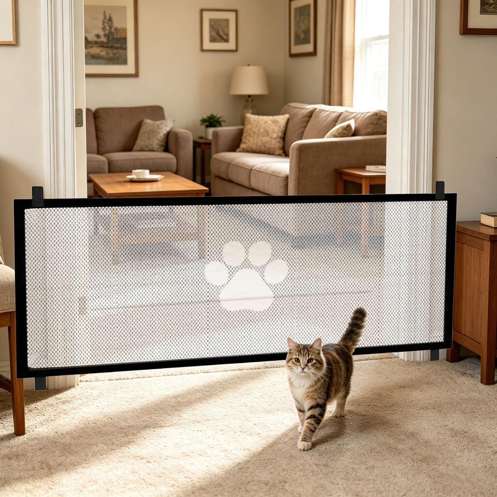 Pet Safety Gate Mesh Screen, Portable Dog Cat Isolation Barrier for Doorways, Stairs and Hallways, Retractable Mesh Gate with Paw Print Design, Easy Install Indoor Pet Fence for Home
