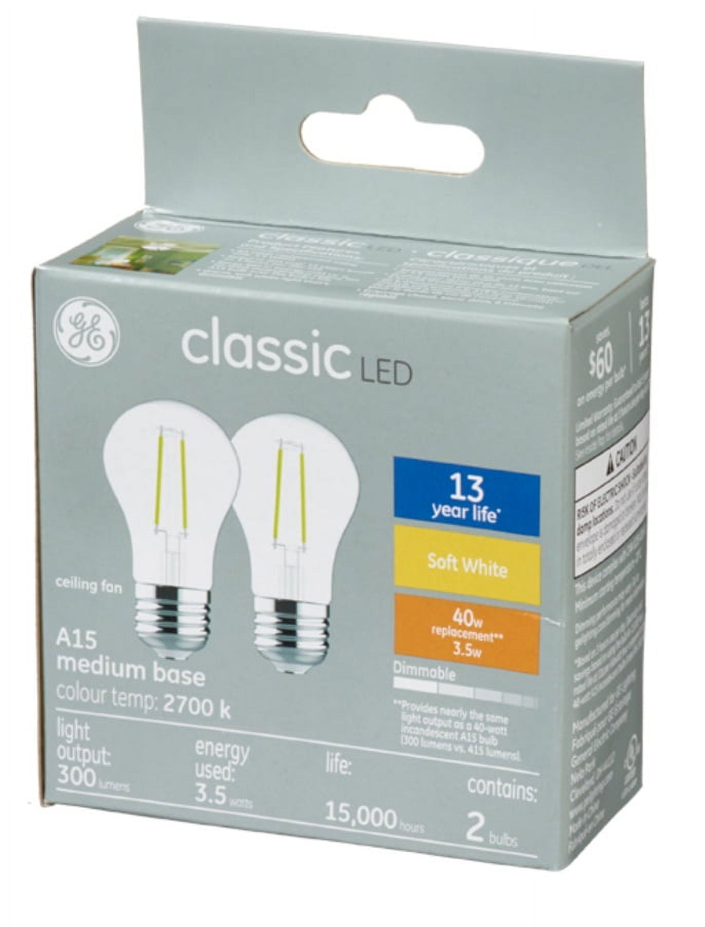 (12 bulbs) GE classic LED A15, 3.5 watt, 300 lumen 40 watt replacement, Dimmable, medium base, soft white 2700K Ceiling Fan Light bulb