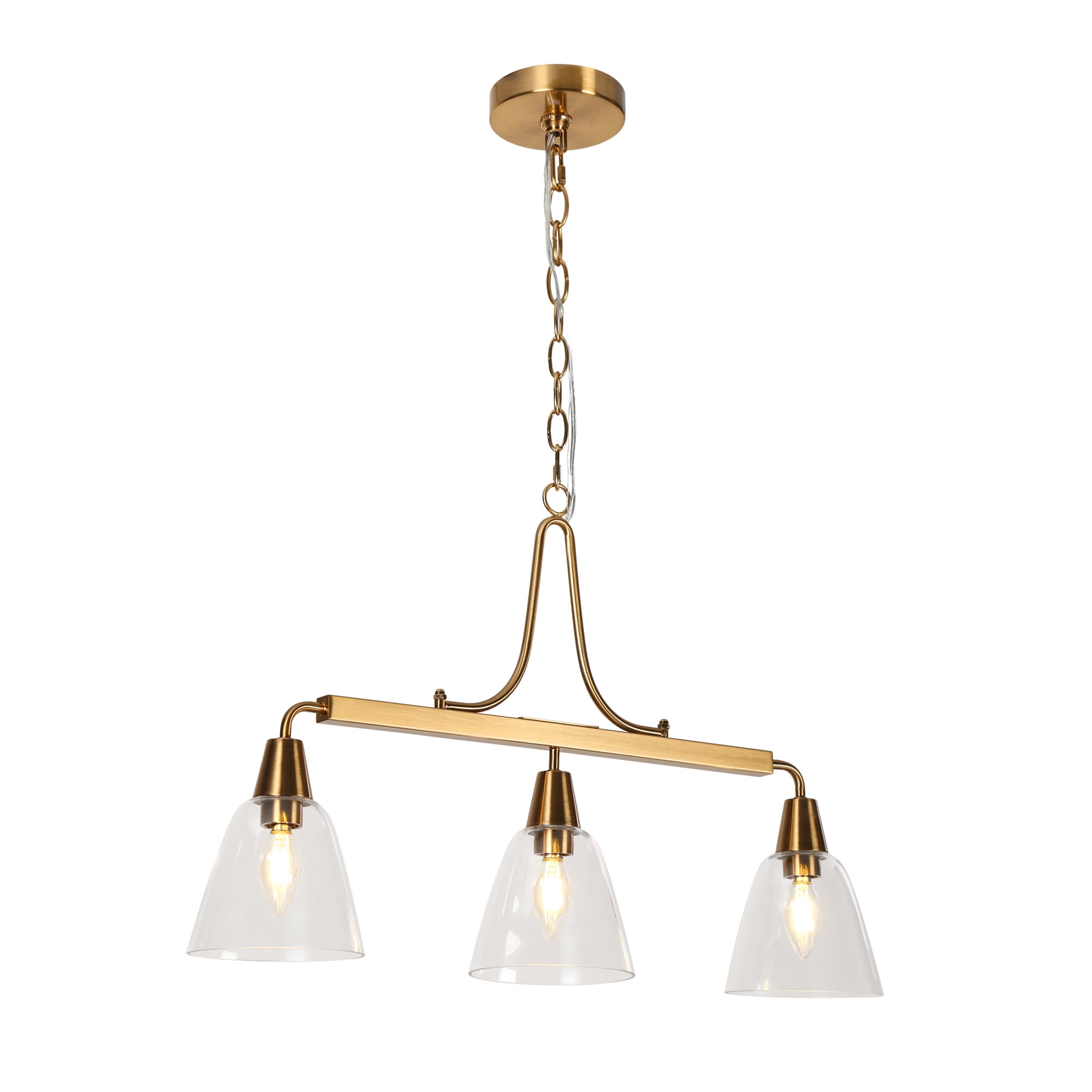 LNC 3-Light Polished Gold Modern Clear Glass Linear LED Large Hanging Pendant Light