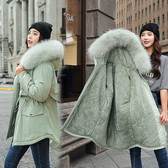 LoyisViDion Coat Women'S Winter Thickening and Velvet Keeping Warm Casual Coat with Hat Green 10(XXL)