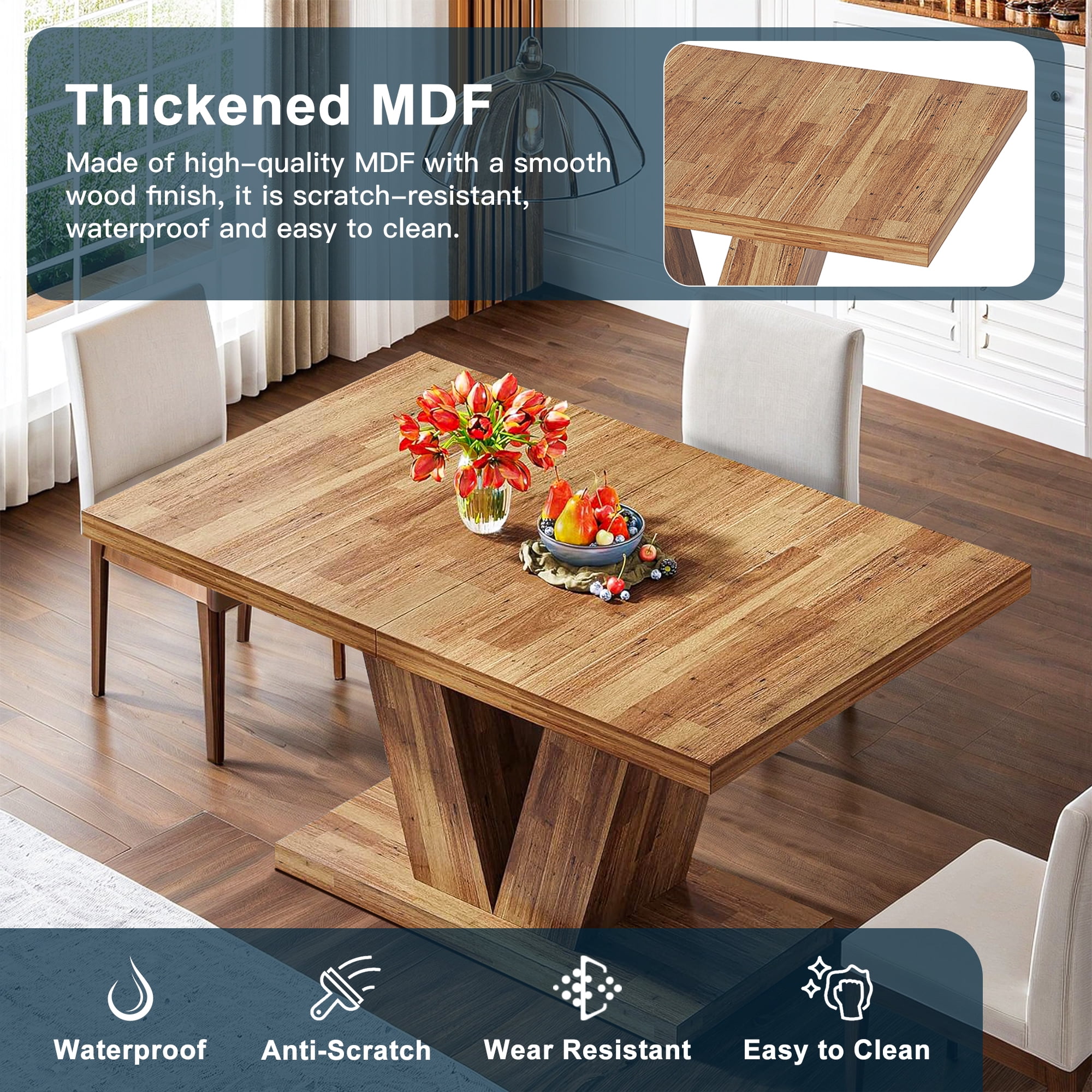 Demi Bonn 47" Modern Dining Table for 4 People, Wood Farmhouse Kitchen Table with Duty Pedestal for Dining Room, Home, Brown