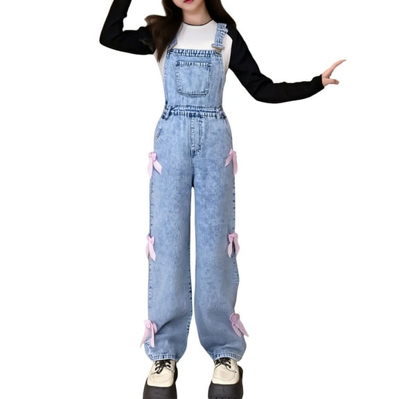 XXWXYD Girls Denim Overalls with Adjustable Straps - Stretchable Blue Jean Jumpsuit 𝖣ungarees for Kids 7-12 Years (Straight Leg Design)