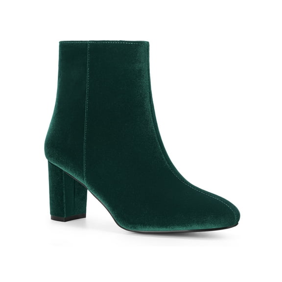 BLISSFUL STEP Women's Ankle Boots Round Toe Chunky Heels Side Zip Velvet Booties Green 6