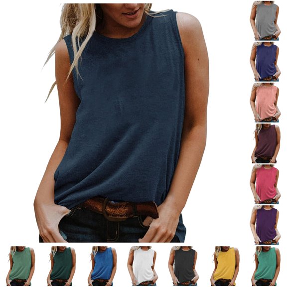 Tanghaowl Womens T Shirts, Women Vest Sleeveless Tanks Solid Color O Neck Casual Tops Slim Fit Blouse Shirts Blue1 XL