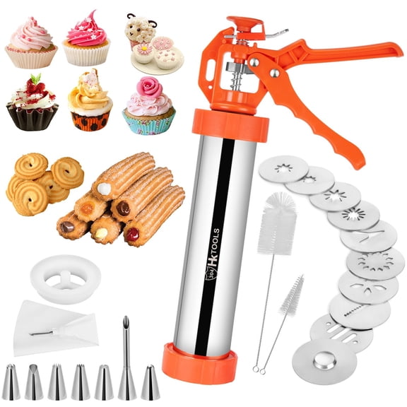 Stainless Steel Churro/Cookie Maker with Piping Bag Brushes Discs and Nozzles