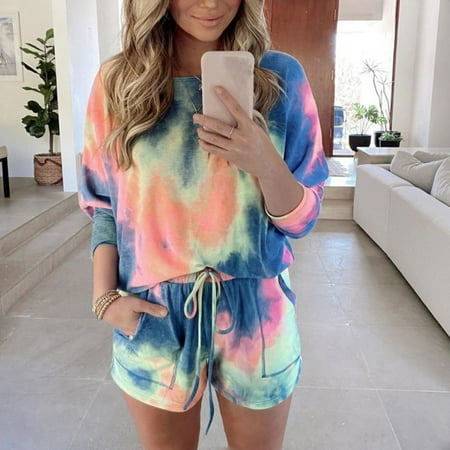 

WANYNG pajamas for women Womens Tie-dye Long Sleeve Pajama Set Night Lounge Top Short Sleepwear Polyester Sleepwear Sets Dark Blue XXXL