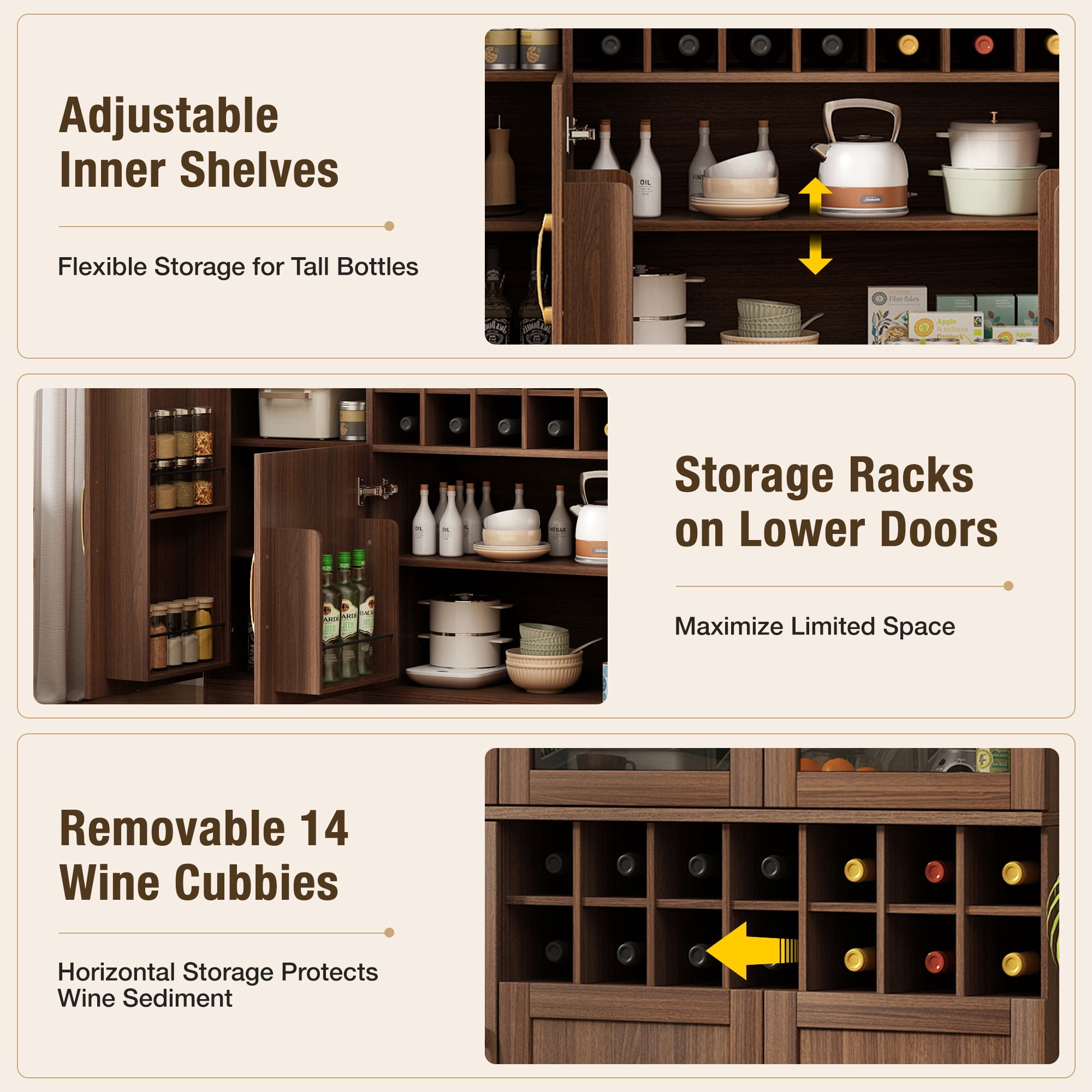 Euroco 70" Tall Wine Bar Cabinet with Glass Doors,Modern Coffee Liquor Cabinet with Removable 14-Bottle Wine Rack & Built-in Door Shelves,Large Pantry Cabinet for for Kitchen Dining Room,Walnut