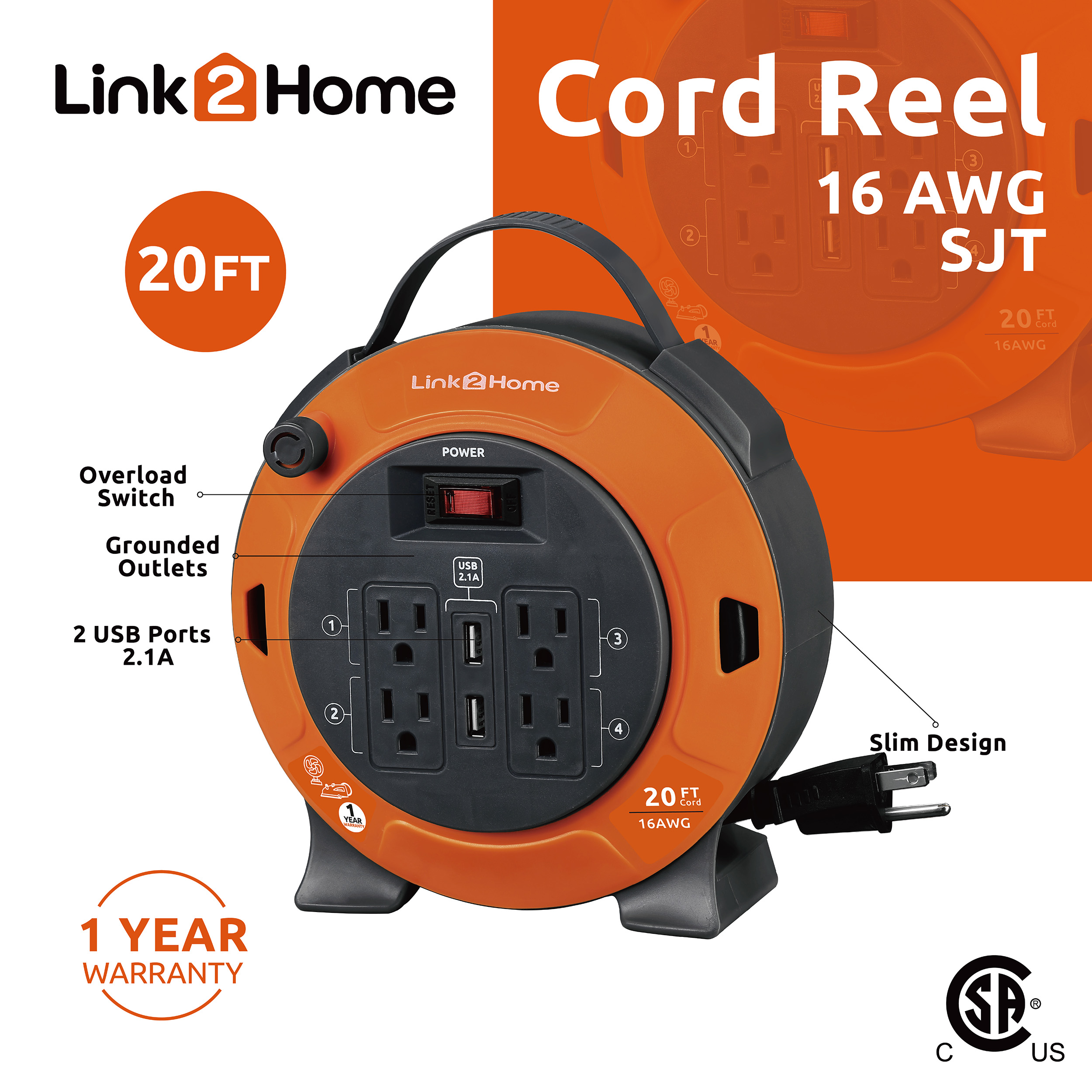 Link2Home Cord Reel 20 ft. Extension Cord 4 Power Outlets, 2 USB Ports