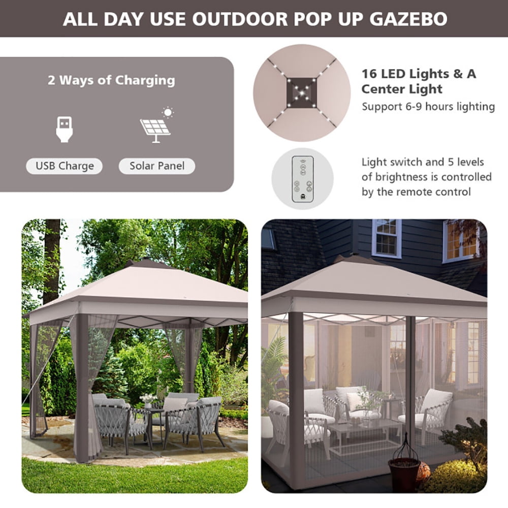 Aimee Lii 11 x 11 Feet Portable Outdoor Patio Folding Gazebo with Led Lights, Backyard Canopy Gazebo, Beige Aimee Lii 11 x 11 Feet Portable Outdoor Patio Folding Gazebo with Led Lights, Backyard Canopy Gazebo, Beige