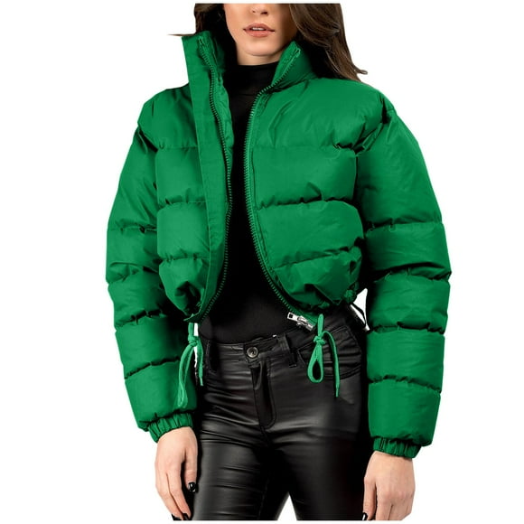 Fall/Winter Saving! srobpty Women's Long Sleeve Puffer Jacket, Ladies' Casual Colored Long-sleeved Hooded Jacket Green, M
