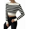 thumbnail image 2 of Women'S Striped Long Sleeve Crop Top Ribbed Knit Crewneck Fitted Casual Tee Tops White S, 2 of 10