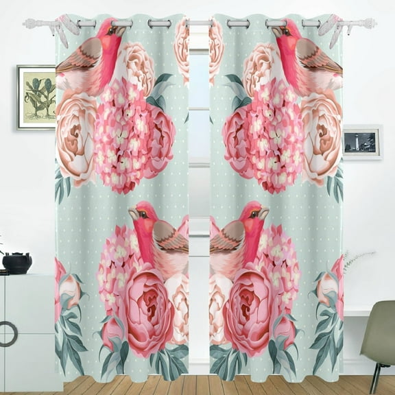 POPCreation Birds And Flowers Window Curtain Blackout Curtains Darkening Thermal Blind Curtain for Bedroom Living Room,2 Panel (52Wx84L Inches)