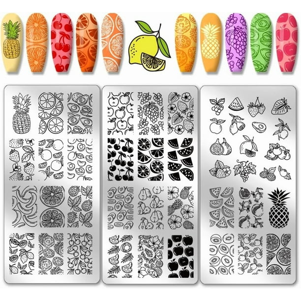 Placa de estampado de uñas con 45 diseños de frutas, 3 plantillas para uñas con diseños de piña y fresa, placa de acero inoxidable para estampar uñas.