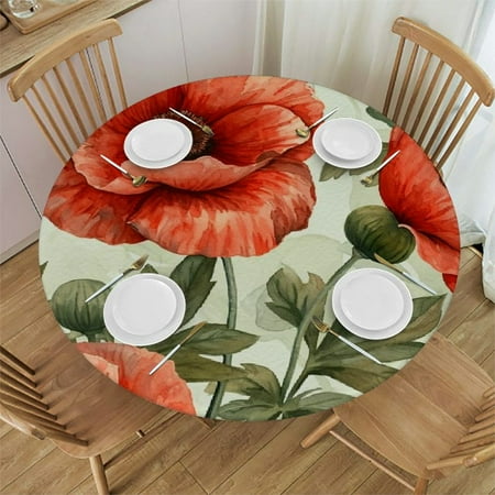 

YANMS Red Poppy Garden Round Tablecloth with Elastic Edge 100% Polyester Fiber 42-46