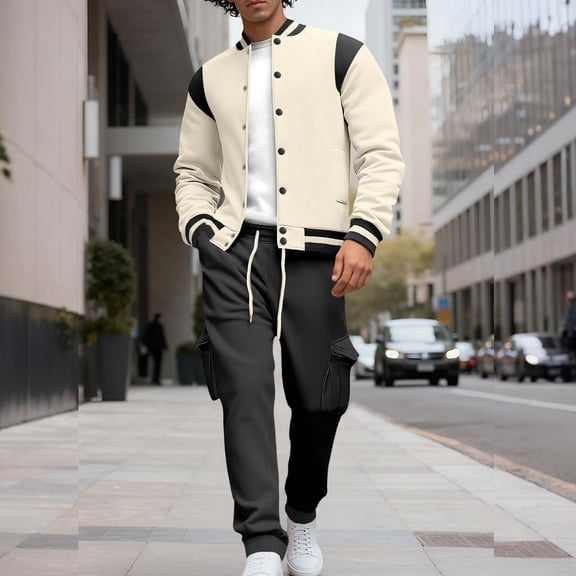 Gamivast Men's Varsity Jacket Set Button Down Baseball Coat and Cargo Pants Color Block Tracksuit for College Sport Streetwear Casual Daily Outfit