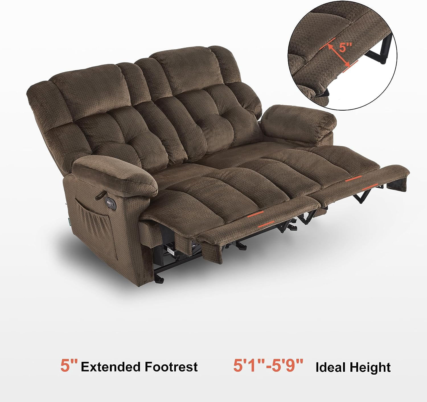 MCombo Power Loveseat Recliner, Electric Reclining Loveseat Sofa with Heat and Massage, USB Charge Port for Living Room Brown Fabric 6237