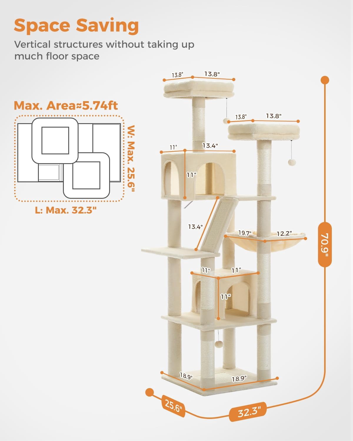 LEHOME 70 Inch Cat Tower, Tall Cat Tree with 2 Cozy Condos, 2 Plush Perch, Large Basket, 2 Scraching Pad & 6 Scraching Posts for Indoor Cats Large Adult, Beige