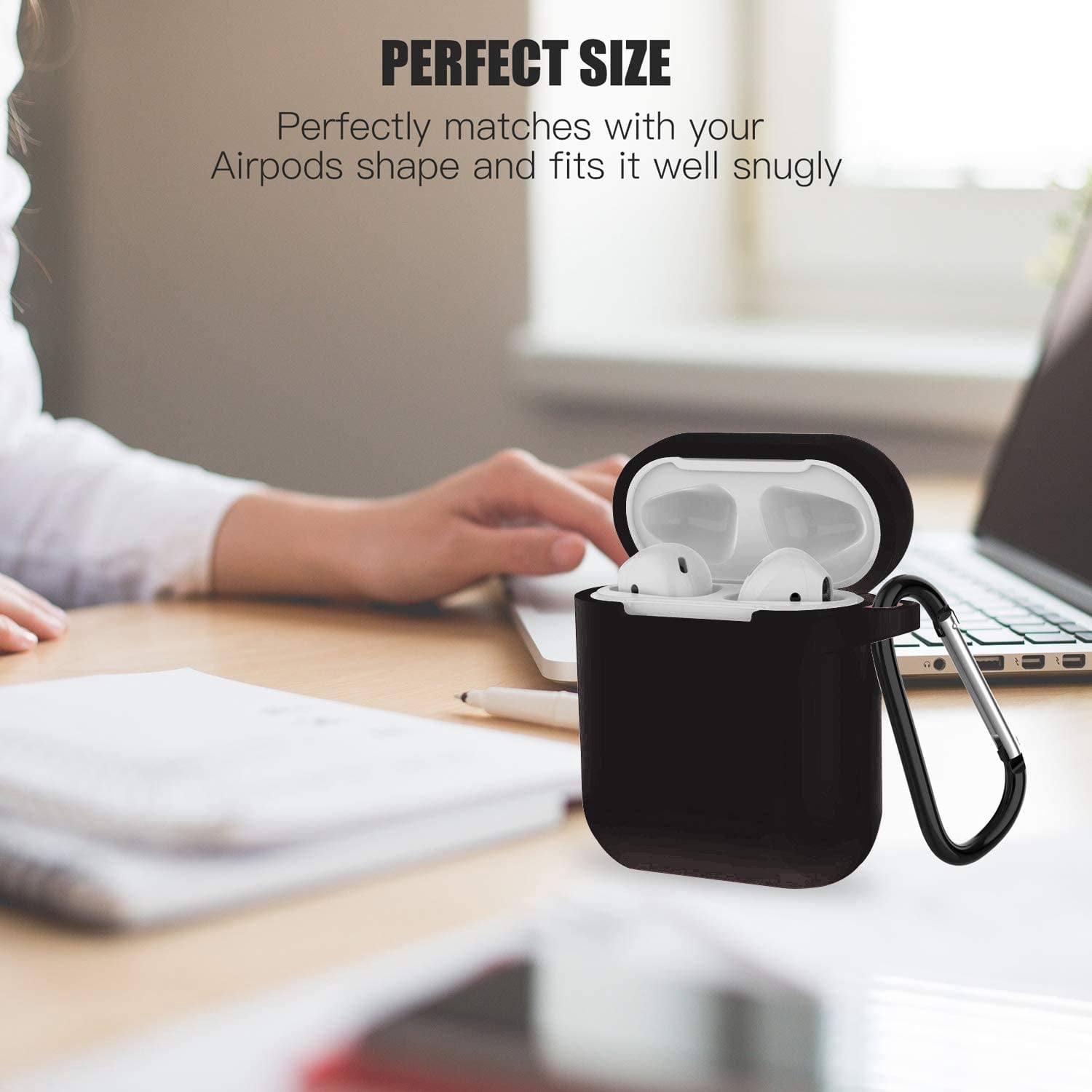 Surlong AirPods Case Cover with Keychain, Full Protective Silicone Accessories Skin Cover, Compatible with Apple AirPods 1&2 Wireless and Wired Charging Case, Black