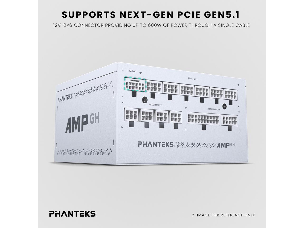 Phanteks AMP GH 750W Gold Power Supply, ATX 3.1 and PCIe 5.1 Platform, Fully Modular Individual Cables, Silent Fanless mode, White.
