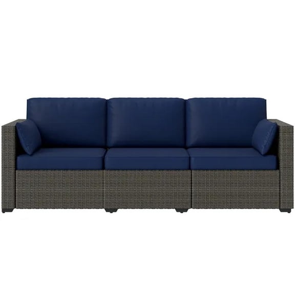 Patio Couch PE Wicker Deep Seating Outdoor Sofa with Removable Cushions, Rattan Sofa, Outdoor Furniture for Balcony, Deck, Garden and Poolside, Navy Blue
