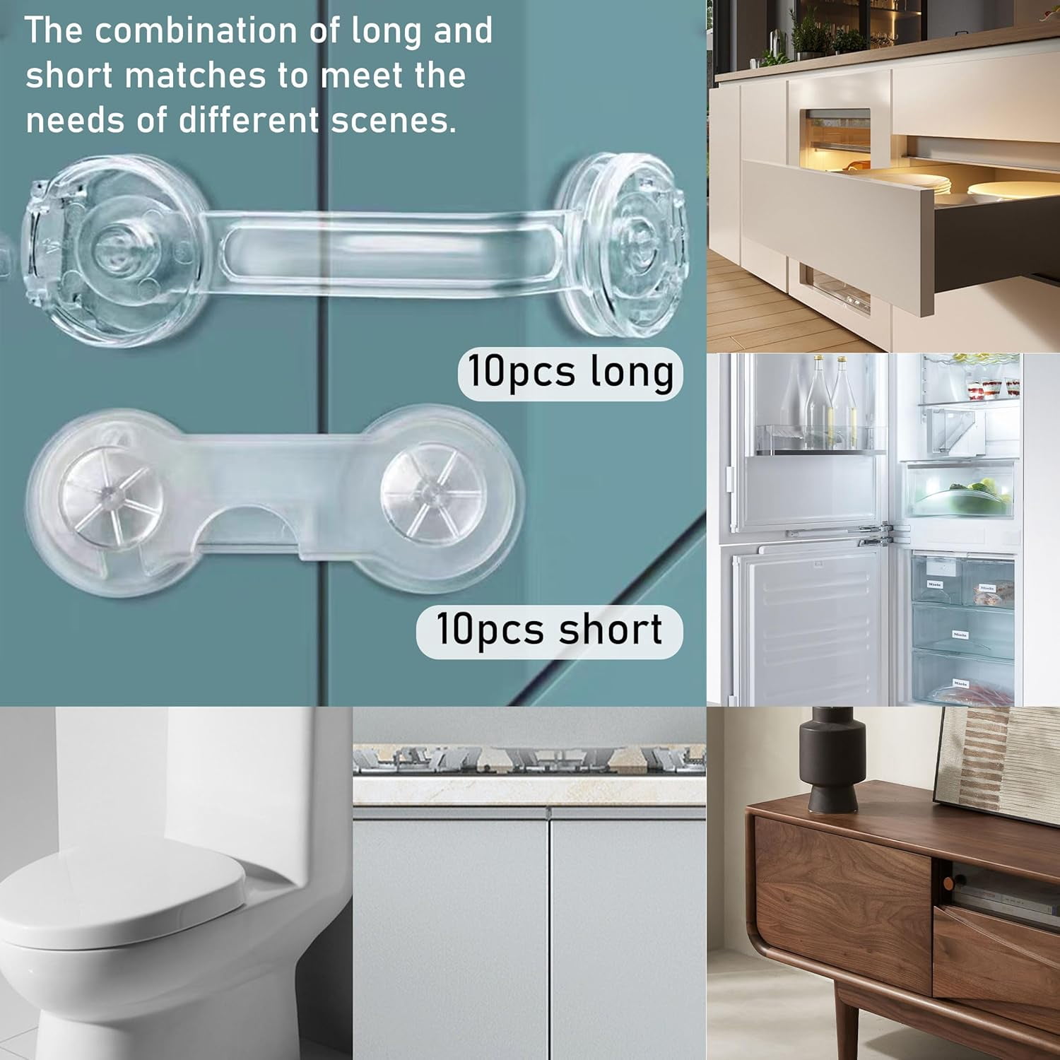 ABCISI 20pcs Cabinet Locks Baby Proofing Clear Child Safety Cabinet Locks Drawer Locks ABS and PE Materials Child Locks For Cabinet, Drawers, Refrigerator (10pcs 5.9in+10pcs 3.78in)