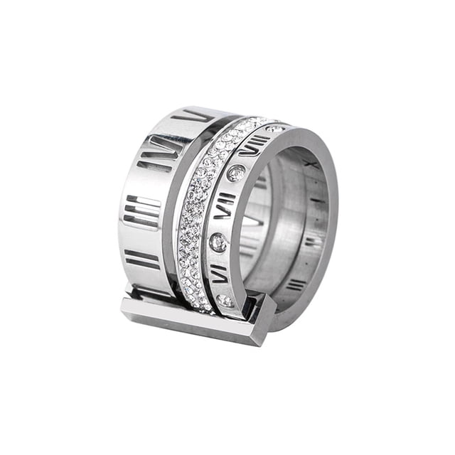 Anillo de acero inoxidable con números romanos de circonia cúbica para mujeres y niñas, anillos 3 en 1 Spinner 8 JAMW Sencillez