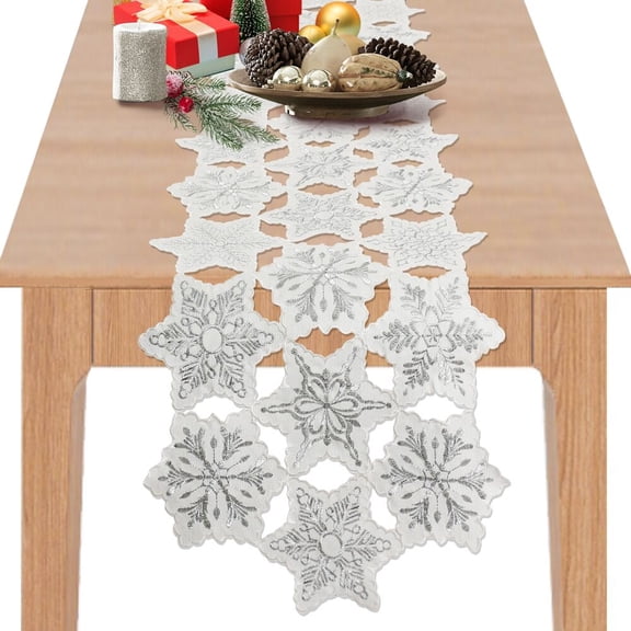Stp Goods Snowflakes Fabric Table Runner 13x60" (33x152 cm) Machine Washable Long Table Top Runner for Dining Room and Kitchen Table Decor, Christmas Gift, White and Silver