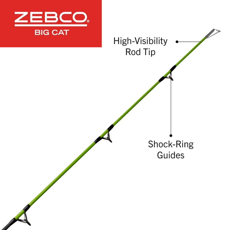 Zebco Big Cat Spinning Fishing Rod, 7-Foot 2-Piece Fiberglass Fishing Pole,  High-Visibility Rod Tip, Extended EVA Rod Handle, Shock-Ring Guides,  Medium-Heavy Power, Black/Green 