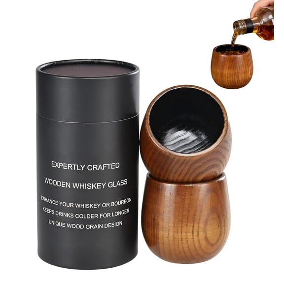 Wooden Whiskey Glass Set - 2 Pack 240ml Charred Oak Bourbon Tumbler with Box, Handmade for Whiskey Lovers