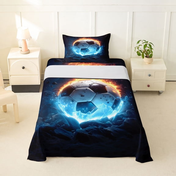 Manfei Football Games Twin Sheets For Boys,Ball Sport Bedding,Blue Orange Black,3-Piece,1 Fitted Sheet and 1 Pillowcase