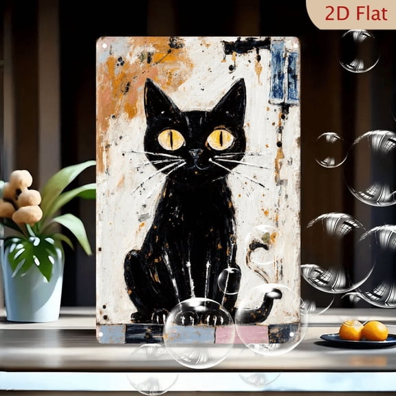 8x12 Inches Black Cat Art Print on Metal, Mixed Media Folk Style Wall Decor with Gold Specks and Abstract Background, Whimsical Expressive Feline Portrait for Home Office Living Room