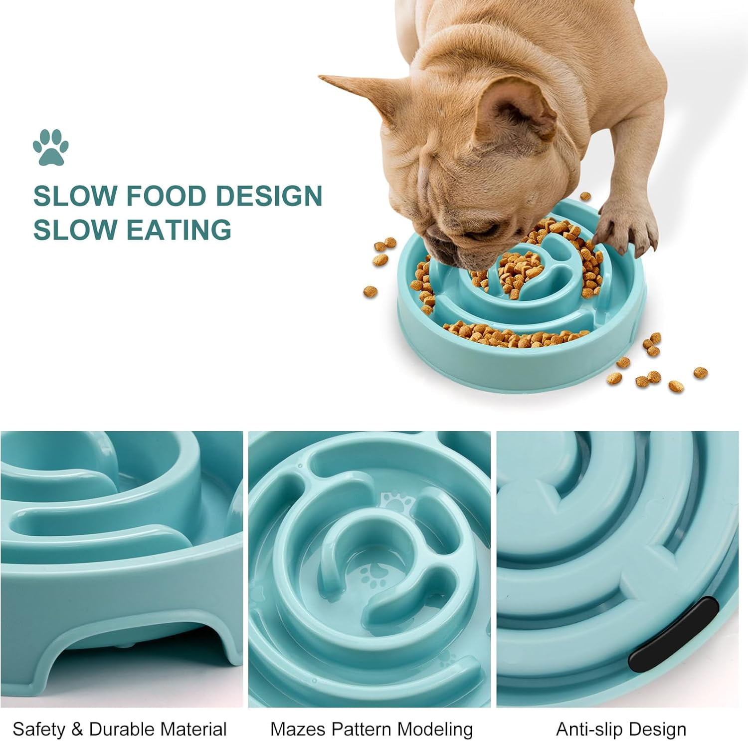 Slow Feeder Dog Bowl, Puzzle Feeder with Slip Base for Fast Eaters, Anxiety Relief and Mental Stimulation for Dogs and Cats, Boredom Reducer for All Breeds, Blue