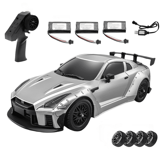 1/16 Scale RWD RC Drift Racing Car Model With Gyro GTR R35 Style 2.4GHz Proportional Remote Control Vehicle Dual Speed LED Lights For Adults Hobbyists - Silver / 3 Batteries
