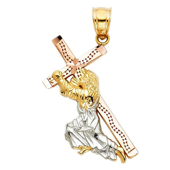 14k Tri Color Gold Small Jesus Carrying Cross Crucifix Charm Pendant 25mm