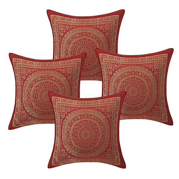 DK Homewares Ethnic Throw Pillow Covers 12 x 12 Inch Brocade Jacquard Weave Decorative Square Mandala Cushion Covers (Size - 30x30 cm ; Color: Burgundy Maroon & Gold ) - Set of 4 Pcs (Cover Only)