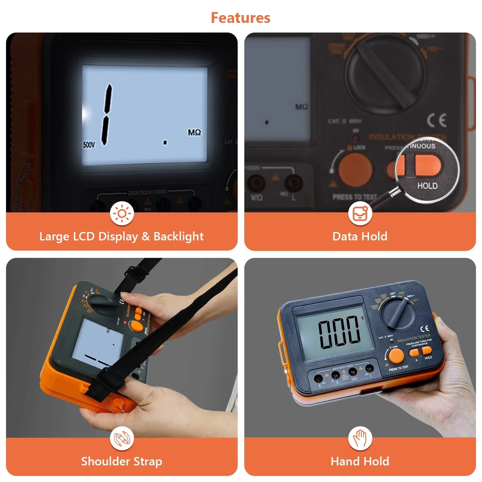 Digital Megometer Meter Insulation Tester DCV ACV Resistance 0-2000M High Voltage Portable Multimeter DC 250/500/1000V AC 750V ,Accurate and Speed