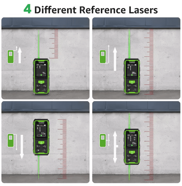 Huepar 393Ft Dual Green Laser Distance Measure, Rechargeable Digital Tool, LCD Backlit, 6 Units (Ft/In/M), Length/Area/Volume/Angle Sensor